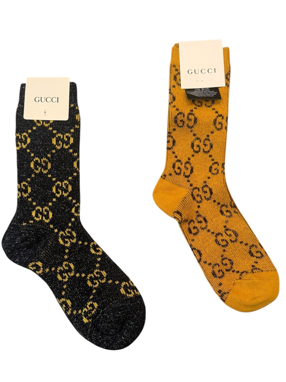 2 Pair Gucci Outlet GG Monogram Crew Socks — Black & Yellow Gold